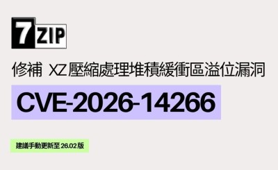 7-Zip 修補 XZ 壓縮處理堆積緩衝區溢位漏洞 CVE-2026-14266，建議手動更新至 26.02 版