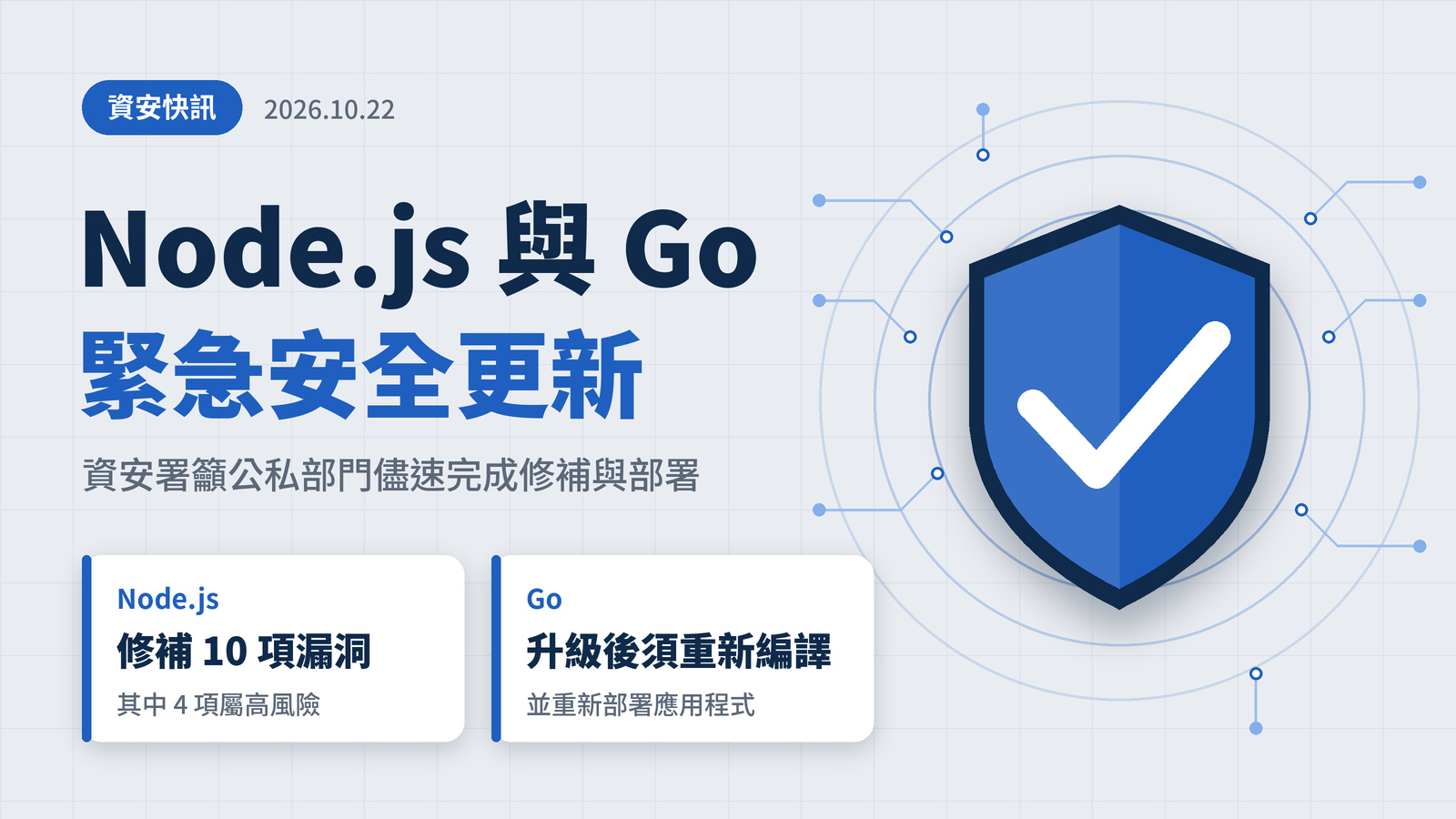 Node.js 與 Go 同步釋出緊急安全更新　資安署籲公私部門儘速修補