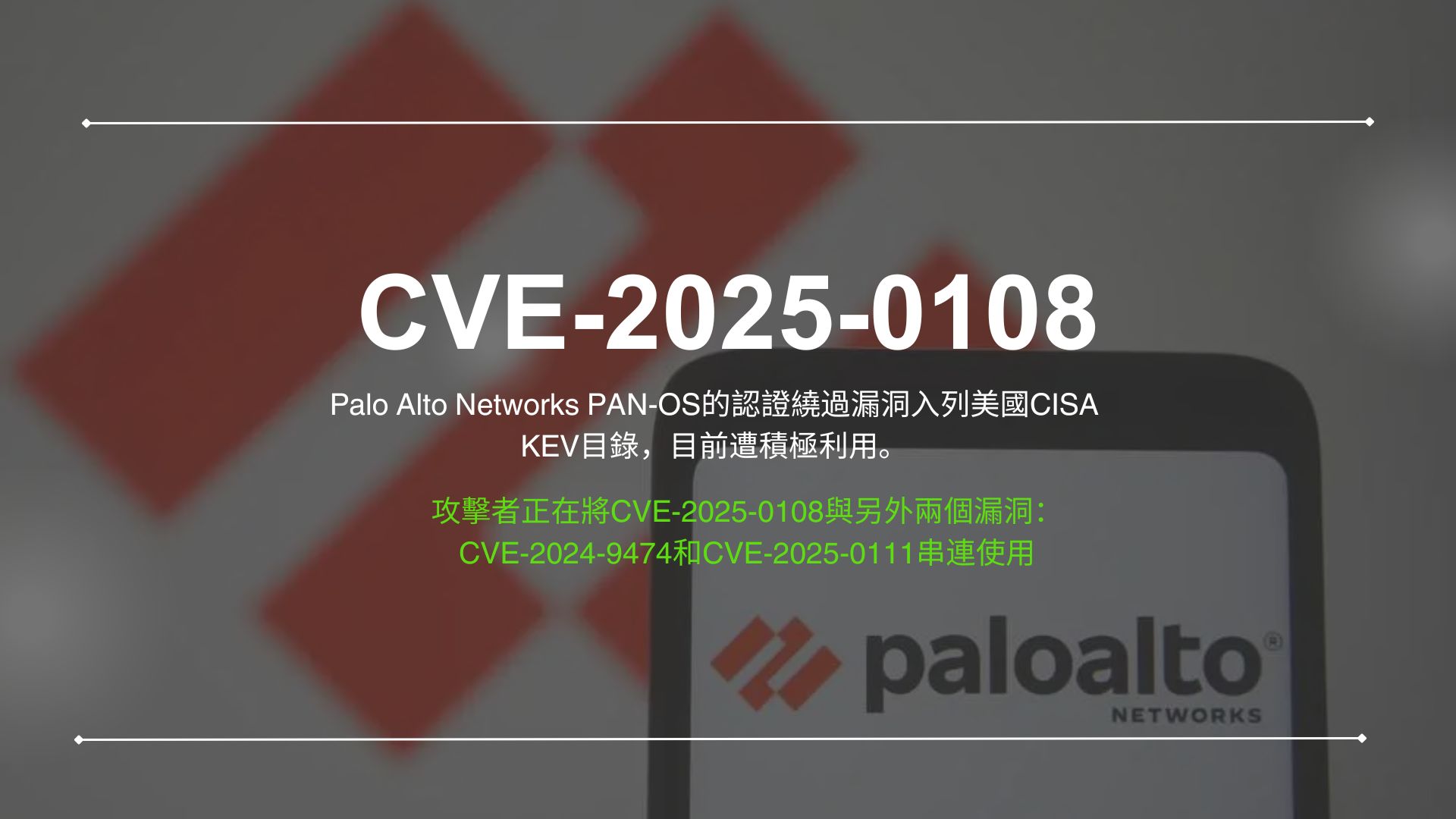 美國CISA示警Palo Alto Networks防火牆漏洞遭大規模利用，列入KEV目錄